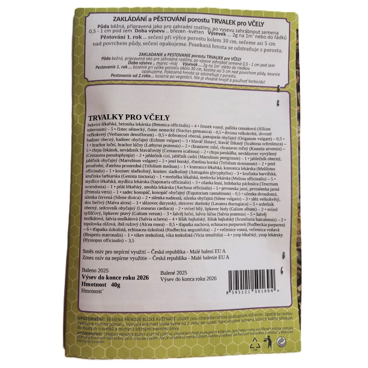Vytrvalé květy pro včely - osivo Planta Naturalis - směs lučních květin a trav - 40 g